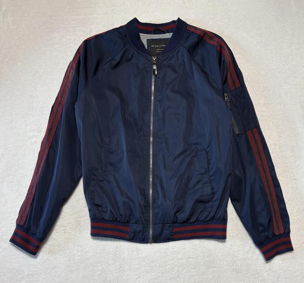 No Boundaries Jacket Mens Small Blue Windbreaker Bomber Stripe Sleeve Pockets